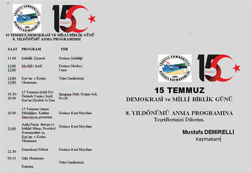 15 Temmuz Demokrasi ve Milli Birlik Günü 8. Yıl Dönümüne Tüm Vatandaşlarımız Davetlidir.